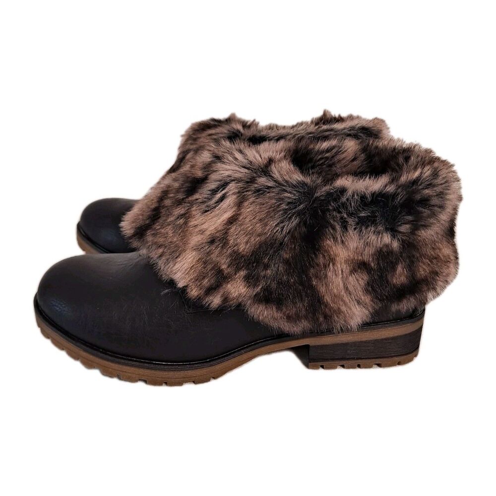 Refresh Womens Wynne Fold Down Fur Booties Sz 6.5 Black Faux Leather Faux Fur